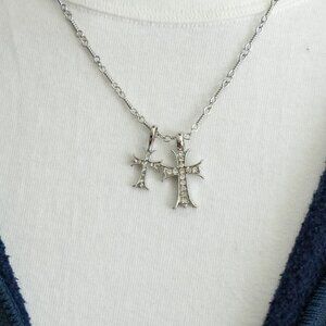 silver double cross dimond stone pendant necklace